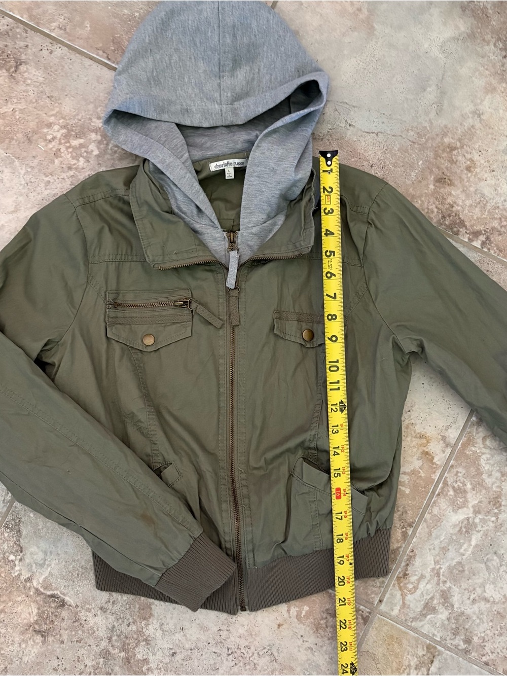 Charlotte Russe Olive Hooded Utility Bomber Jacket Dual Zipper Gray Hood Cropped - Picture 9 of 10